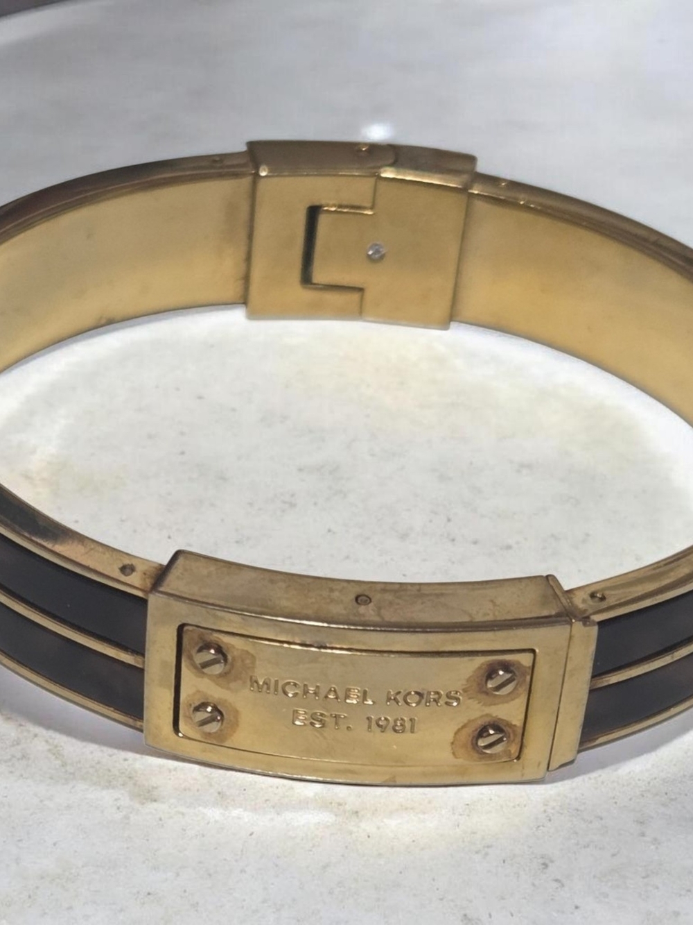 Michael Kors Gold and Black Logo Hinged Bangle